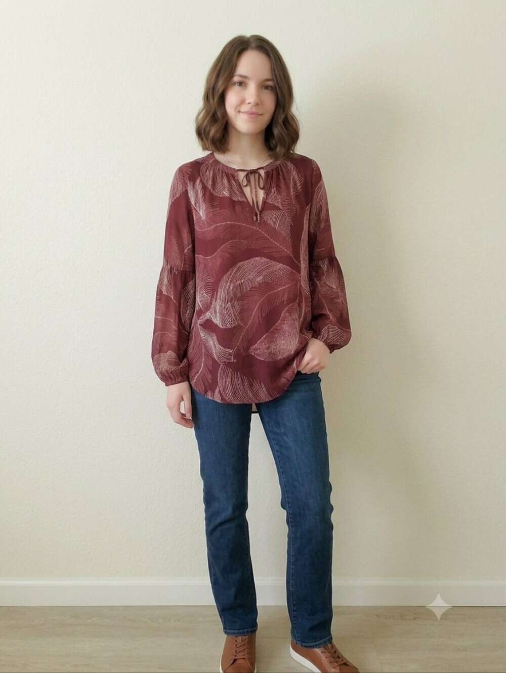 Women's Tie-Neck Burgundy Printed Tunic Blouse